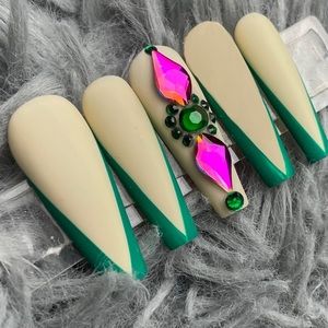 long coffin green press on nails rhinestones French tips matte handmade custom